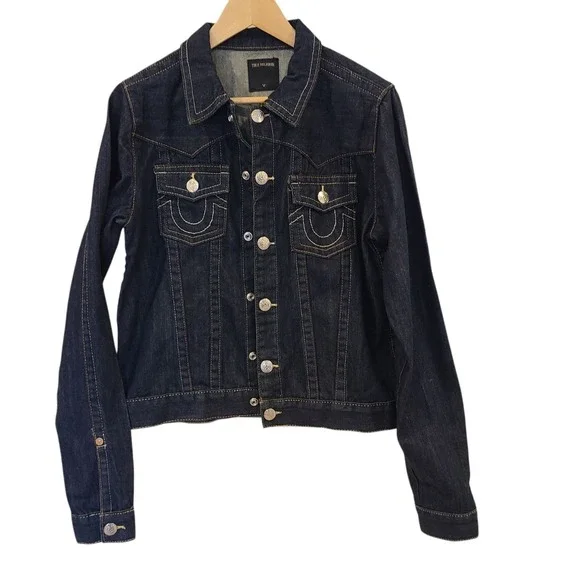 True Religion Jacket Womens XL Dark‎ Wash Jimmy Denim Trucker Flap Pockets - Picture 2 of 10